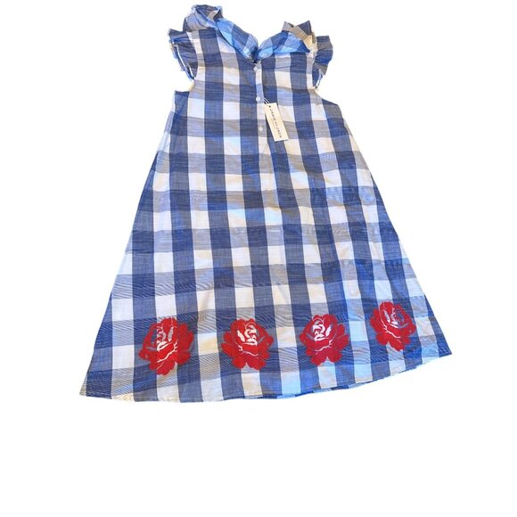 Janie & Jack Girls Blue & White Checkered Dress  Red Floral Detail Size 10 - Picture 4 of 6